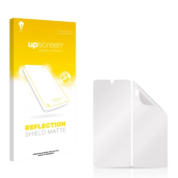 Face avant d’un emballage produit avec le logo de la marque upscreen. À côté se trouve la protection d’écran correspondante.