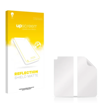 Face avant d’un emballage produit avec le logo de la marque upscreen. À côté se trouve la protection d’écran correspondante.
