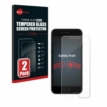 Face avant d’un emballage produit avec le logo de la marque Savvies. À côté, l’appareil Apple iPhone 6 est représenté avec la 