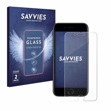 Face avant d’un emballage produit avec le logo de la marque Savvies. À côté, l’appareil Apple iPhone SE 2 2020 est représenté 