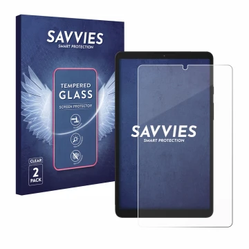 Face avant d’un emballage produit avec le logo de la marque Savvies. À côté, l’appareil Samsung Galaxy Tab A9 WiFi est représe