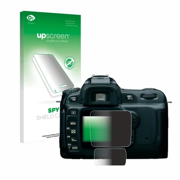 Face avant d’un emballage produit avec le logo de la marque upscreen. À côté, l’appareil Nikon D50 est représenté avec la prot