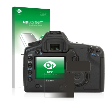 Face avant d’un emballage produit avec le logo de la marque upscreen. À côté, l’appareil Canon EOS 5D est représenté avec la p