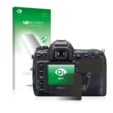 Face avant d’un emballage produit avec le logo de la marque upscreen. À côté, l’appareil Nikon D200 est représenté avec la pro