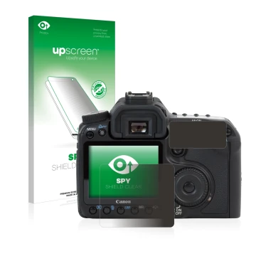 Face avant d’un emballage produit avec le logo de la marque upscreen. À côté, l’appareil Canon EOS 30D est représenté avec la 