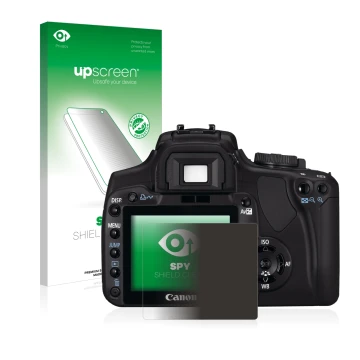 Face avant d’un emballage produit avec le logo de la marque upscreen. À côté, l’appareil Canon EOS 400D est représenté avec la