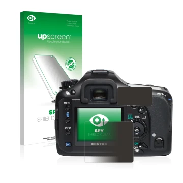 Face avant d’un emballage produit avec le logo de la marque upscreen. À côté, l’appareil Pentax K10D est représenté avec la pr