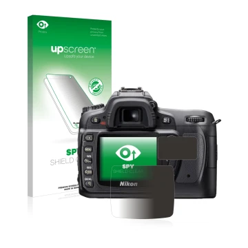 Face avant d’un emballage produit avec le logo de la marque upscreen. À côté, l’appareil Nikon D80 est représenté avec la prot