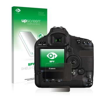 Face avant d’un emballage produit avec le logo de la marque upscreen. À côté, l’appareil Canon EOS 1D Mark III est représenté 
