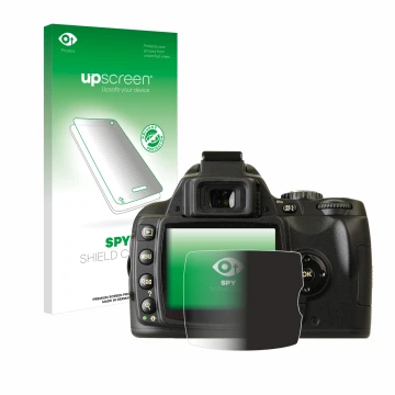 Face avant d’un emballage produit avec le logo de la marque upscreen. À côté, l’appareil Nikon D40x est représenté avec la pro
