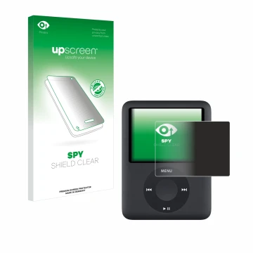 Face avant d’un emballage produit avec le logo de la marque upscreen. À côté, l’appareil Apple iPod nano (3ème Gen.) est repré