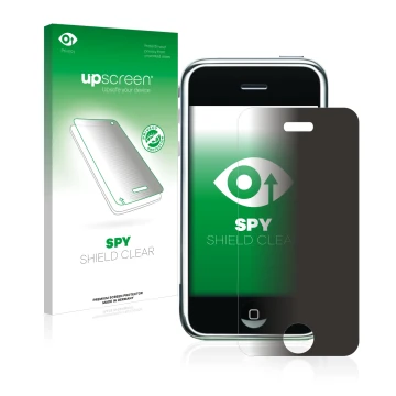 Face avant d’un emballage produit avec le logo de la marque upscreen. À côté, l’appareil Apple iPhone 2G est représenté avec l