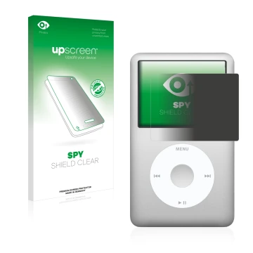 Face avant d’un emballage produit avec le logo de la marque upscreen. À côté, l’appareil Apple iPod Classic (6ème Gen.) est re