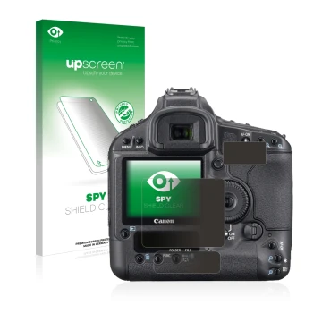 Face avant d’un emballage produit avec le logo de la marque upscreen. À côté, l’appareil Canon EOS 1Ds Mark III est représenté