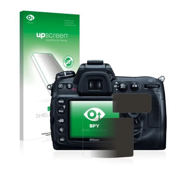 Face avant d’un emballage produit avec le logo de la marque upscreen. À côté, l’appareil Nikon D300 est représenté avec la pro