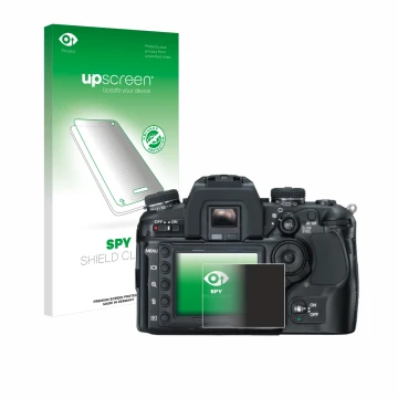 Face avant d’un emballage produit avec le logo de la marque upscreen. À côté, l’appareil Konica Minolta Dynax 7D est représent