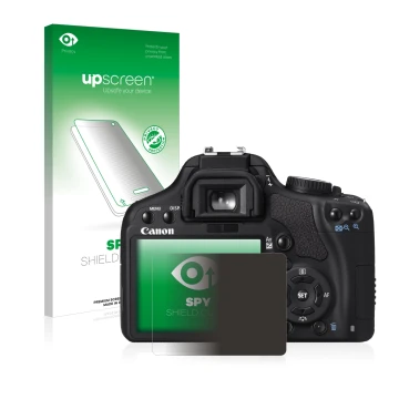 Face avant d’un emballage produit avec le logo de la marque upscreen. À côté, l’appareil Canon EOS 450D est représenté avec la