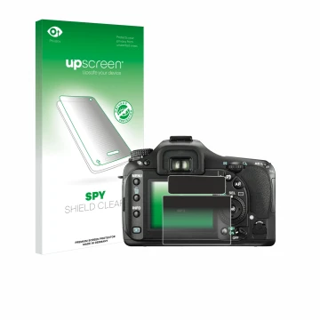Face avant d’un emballage produit avec le logo de la marque upscreen. À côté, l’appareil Pentax K20D est représenté avec la pr
