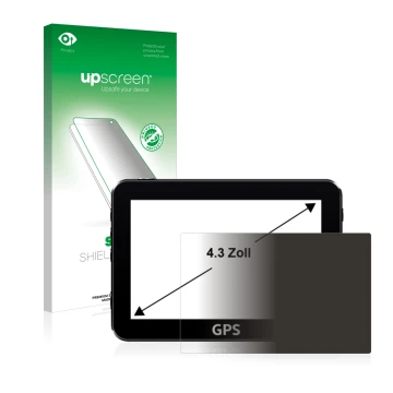 Face avant d’un emballage produit avec le logo de la marque upscreen. À côté, l’appareil est représenté avec la protection d’é
