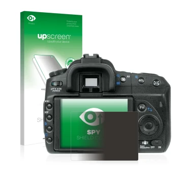 Face avant d’un emballage produit avec le logo de la marque upscreen. À côté, l’appareil Sony Alpha 350 (DSLR-A350) est représ