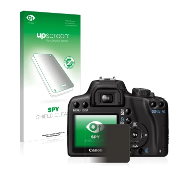 Face avant d’un emballage produit avec le logo de la marque upscreen. À côté, l’appareil Canon EOS 1000D est représenté avec l