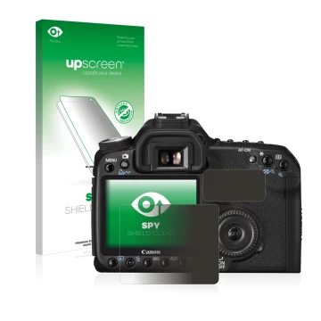 Face avant d’un emballage produit avec le logo de la marque upscreen. À côté, l’appareil Canon EOS 50D est représenté avec la 