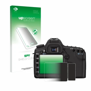 Face avant d’un emballage produit avec le logo de la marque upscreen. À côté, l’appareil Canon EOS 5D Mark II est représenté a