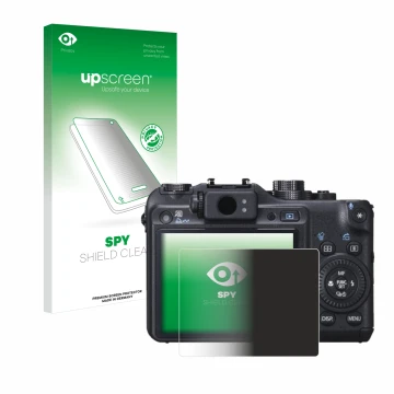 Face avant d’un emballage produit avec le logo de la marque upscreen. À côté, l’appareil Canon PowerShot G10 est représenté av