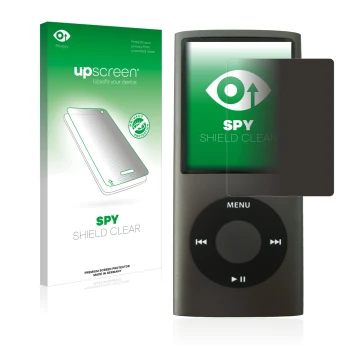 Face avant d’un emballage produit avec le logo de la marque upscreen. À côté, l’appareil Apple iPod nano (4ème Gen.) est repré