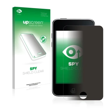 Face avant d’un emballage produit avec le logo de la marque upscreen. À côté, l’appareil Apple iPod Touch (2e Gen.) est représ