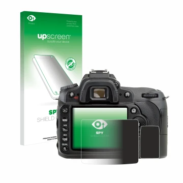 Face avant d’un emballage produit avec le logo de la marque upscreen. À côté, l’appareil Nikon D90 est représenté avec la prot