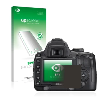 Face avant d’un emballage produit avec le logo de la marque upscreen. À côté, l’appareil Nikon D5000 est représenté avec la pr