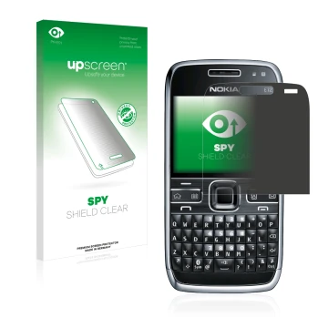 Face avant d’un emballage produit avec le logo de la marque upscreen. À côté, l’appareil Nokia E72 est représenté avec la prot