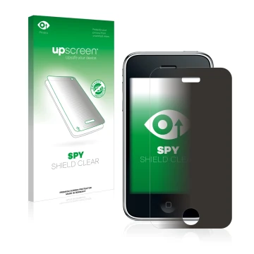 Face avant d’un emballage produit avec le logo de la marque upscreen. À côté, l’appareil Apple iPhone 3GS est représenté avec 