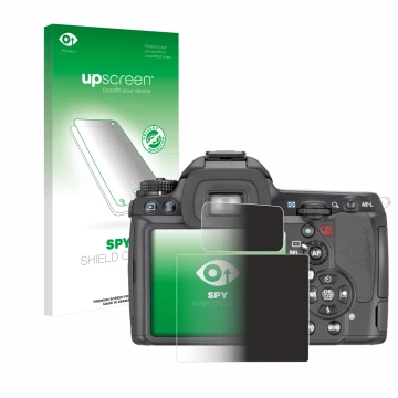 Face avant d’un emballage produit avec le logo de la marque upscreen. À côté, l’appareil Pentax K7, K-7 est représenté avec la