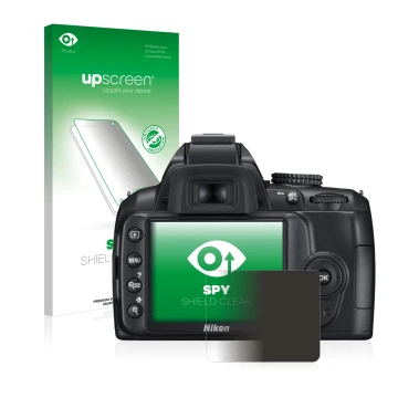 Face avant d’un emballage produit avec le logo de la marque upscreen. À côté, l’appareil Nikon D3000 est représenté avec la pr