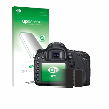 Face avant d’un emballage produit avec le logo de la marque upscreen. À côté, l’appareil Canon EOS 7D est représenté avec la p