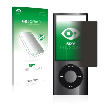 Face avant d’un emballage produit avec le logo de la marque upscreen. À côté, l’appareil Apple iPod nano 2009 (5ème Gen.) est 