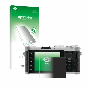 Face avant d’un emballage produit avec le logo de la marque upscreen. À côté, l’appareil Leica X1 est représenté avec la prote