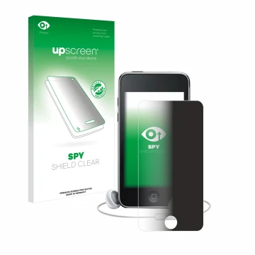 Face avant d’un emballage produit avec le logo de la marque upscreen. À côté, l’appareil Apple iPod Touch (3ème Gen.) est repr