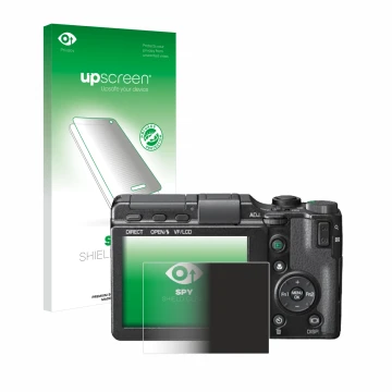 Face avant d’un emballage produit avec le logo de la marque upscreen. À côté, l’appareil Ricoh GXR est représenté avec la prot