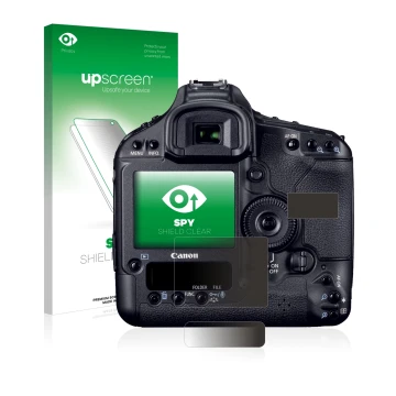 Face avant d’un emballage produit avec le logo de la marque upscreen. À côté, l’appareil Canon EOS 1D Mark IV est représenté a