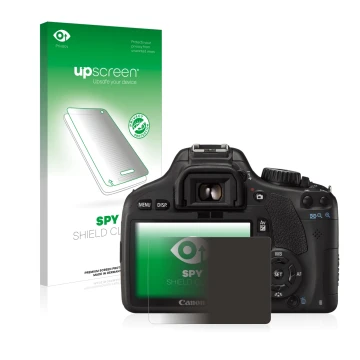 Face avant d’un emballage produit avec le logo de la marque upscreen. À côté, l’appareil Canon EOS 550D est représenté avec la