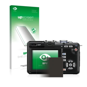 Face avant d’un emballage produit avec le logo de la marque upscreen. À côté, l’appareil Olympus PEN E-PL1 est représenté avec