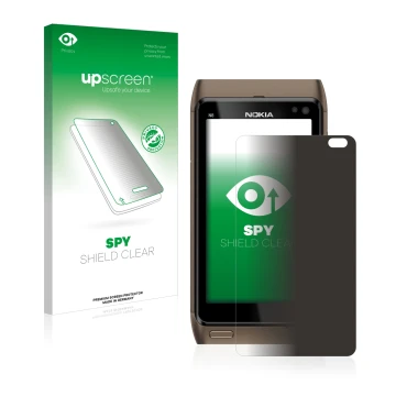 Face avant d’un emballage produit avec le logo de la marque upscreen. À côté, l’appareil Nokia n8 est représenté avec la prote