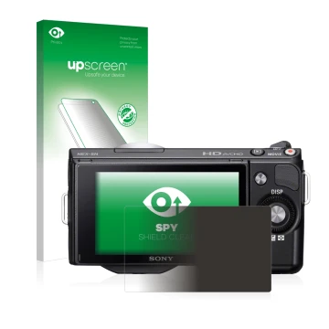 Face avant d’un emballage produit avec le logo de la marque upscreen. À côté, l’appareil Sony Alpha NEX-5 est représenté avec 