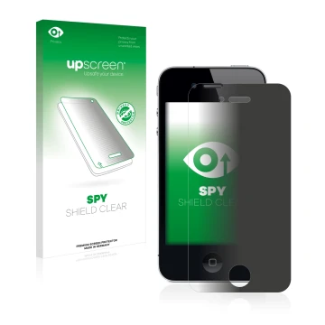 Face avant d’un emballage produit avec le logo de la marque upscreen. À côté, l’appareil Apple iPhone 4 est représenté avec la