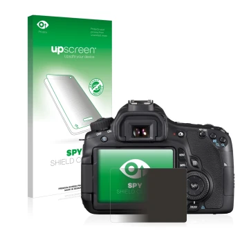 Face avant d’un emballage produit avec le logo de la marque upscreen. À côté, l’appareil Canon EOS 60D est représenté avec la 