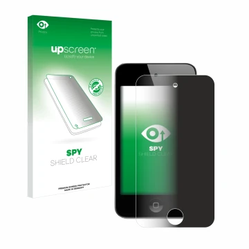 Face avant d’un emballage produit avec le logo de la marque upscreen. À côté, l’appareil Apple iPod Touch (4ème Gen.) est repr