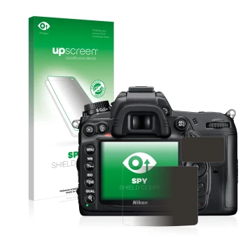 Face avant d’un emballage produit avec le logo de la marque upscreen. À côté, l’appareil Nikon D7000 est représenté avec la pr